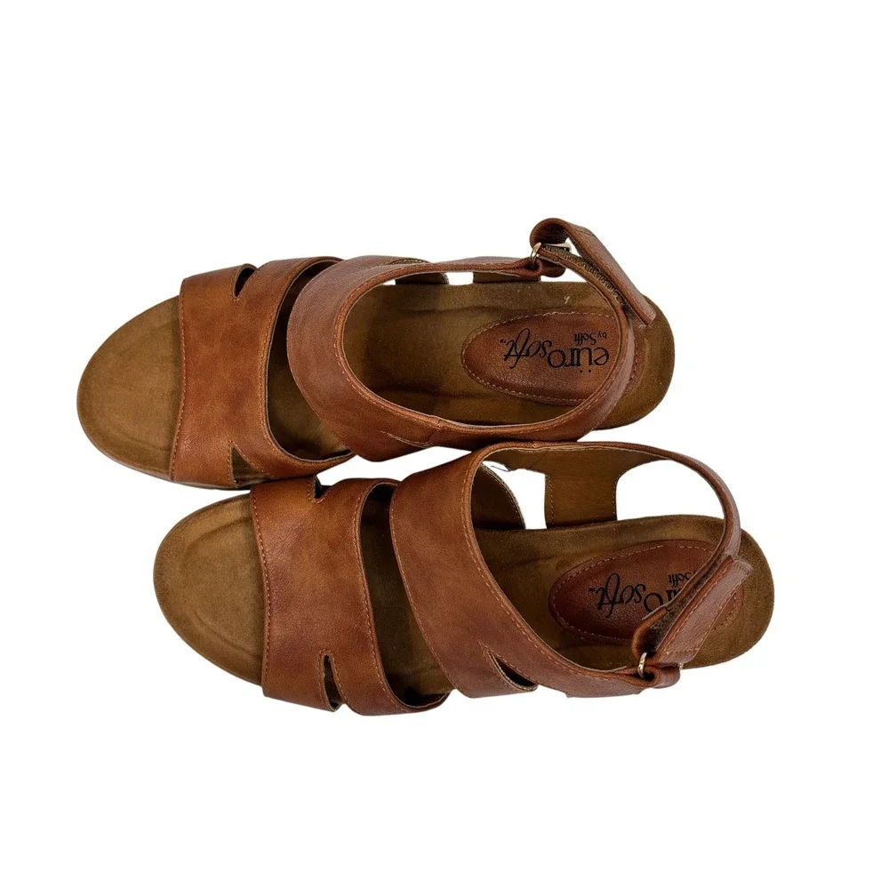 EuroSoft by Sofft Sadra Luggage Brown Cork Wedge Sandals Womens 6.5 M ES0022300